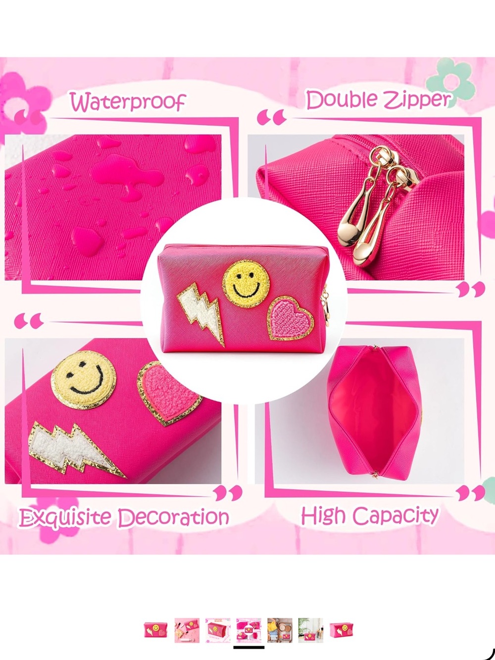 PREPPY Cosmetic Bag Hot Pink/Rose Red Smiley & Heart Appliqué Pouch Waterproof - Picture 2 of 7